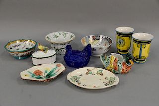 Ten piece lot including two vases, three bowls, one covered dish, two Majolica trays, duck plates, and cobalt glass hen (including t...