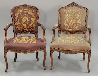Two Louis XV style fauteuil with needlepoint seats and backs.