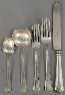 Sterling silver flatware set marked J.E. Caldwell setting for six, monogrammed. 35.4 weighable t oz. plus 6 handles.