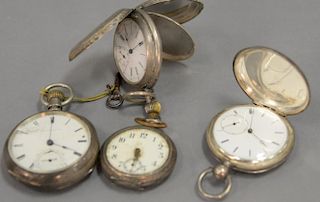 Four piece lot including silver closed face pocket watch marked Swiss and works unmarked, one key wind marked F.L. Mather (?), plus ...