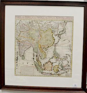 Double page hand colored map engraving, Carte Des Indes, de La Chine and Des Iles de Sumatra, Jaua. 20 1/4" x 19" sight size