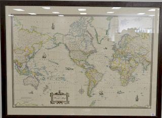 Antique style World Map American Map Corporation, framed. 37 3/4" x 52 1/2" sight size