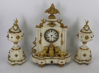 French Bronze Mounted Marble Clock Garniture Set.