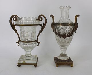 2 Baccarat Quality Bronze Mounted Cut Glass Urns.