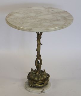 Bronze Pedestal Marbletop Side Table.