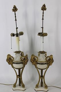 An Antique Pair Of Bronze Mounted Marble Lamps,