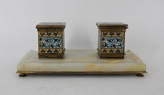 An Antique & Fine Quality Champlev & Onyx Inkwell.