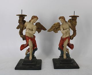 An Antique Pair Of Carved & Polychrome Figural