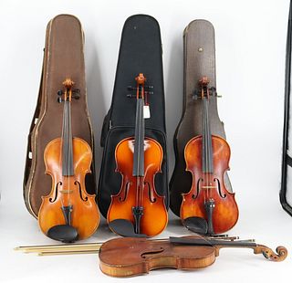 4 Vintage Violins, 3 Bows and 3 Cases.