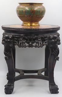 Chinese Marble Top Stand and Cloisonne Vase.