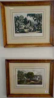 Two Currier & Ives colored lithographs including "American Homestead Autumn" and "The Old Oaken Bucket" marked lower left: published...