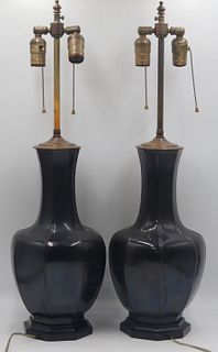 Pair of Asian Style Black Lobed Lamps.