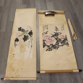(2) Signed Asian Floral Decorated Scrolls.