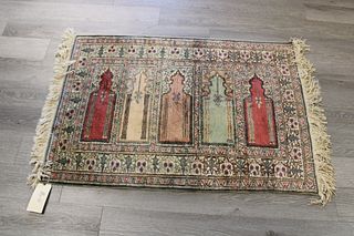 Vintage And Finely Hand Woven Silk Area Rug.