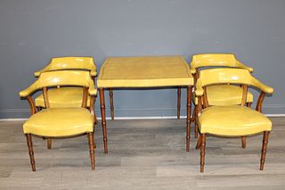 Antique Bamboo Form Leathertop Card Table & Chairs