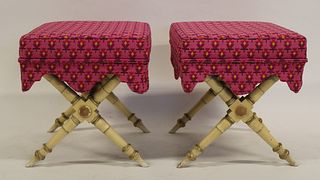 A Vintage Pair Of Bamboo Form Upholstered Benches