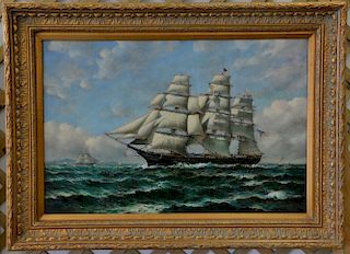 Robert Sanders oil on canvas, 20th century three masted American ship signed lower right Robert Sanders. 33" x 45"