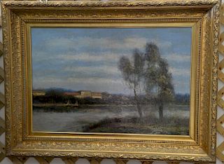 L. Stepano oil on canvas 20th century village in landscape with two trees in foreground signed L. Stepano. 24" x 36"