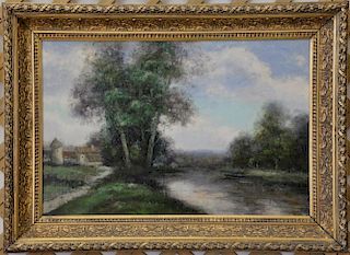 L. Stepano oil on canvas 20th century landscape with fisherman signed L. Stepano. 24" x 36"