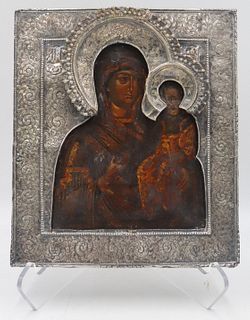 SILVER. Russian Icon of Madonna and Child.
