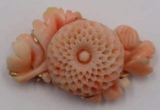 JEWELRY. 14kt Gold Mounted Angel Skin Coral Brooch