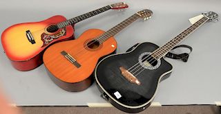 Three guitars including Carlo Robelli Bas guitar model CRB- 40B, Kay Humming Bird guitar model K-435, Yamaha G-65A classical guitar....