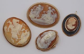 JEWELRY. (4) Gold Mounted Carved Cameo Brooches.