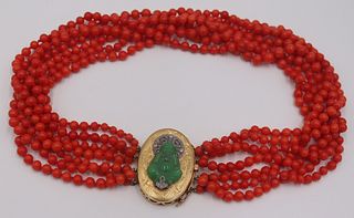 JEWELRY. 18kt Gold, Red Coral, Jade and Diamond
