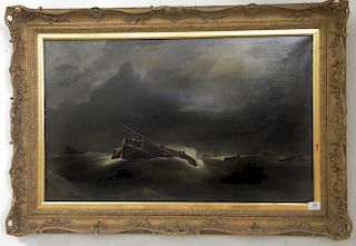 19th century oil on canvas, rough seas in a stormy night. 22" x 36"