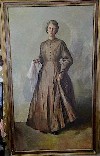 Roger Wilson Dennis (1902-1996), oil on canvas full length portrait of a woman "The Brown Dress 1850", signed lower right Roger Denn...