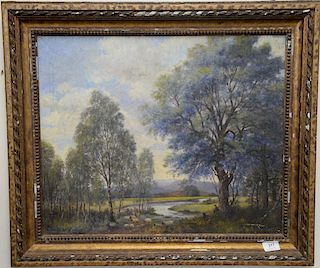 Rev. William Dickie (1896-1928), oil on canvas spring landscape with shepherd signed lower right W. Dickie, 19" x 23" sight size