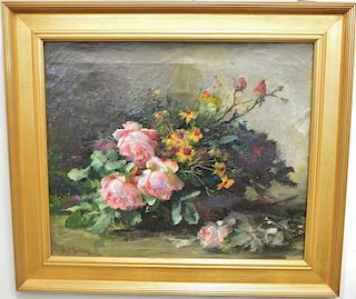 Two piece lot to include Thurmer, still life of flowers oil on canvas signed lower left GT Thurmer, 18" x 22" and Virginia W. Schaen...
