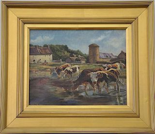 Oil on canvas, cows on the farm, signed lower left R. Feld? 1906. 10 3/4" x 13 1/2"