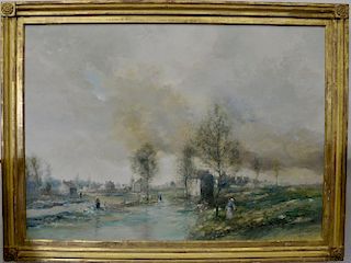 Francois Izarny (1952) pond by the village oil on canvas signed lower right F. Izarny, 29 1/2" x 41 3/4"