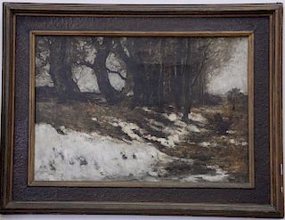 Snowy wooded landscape oil on canvas signed indistinctly lower left W. F... 81', 21 1/2" x 32"