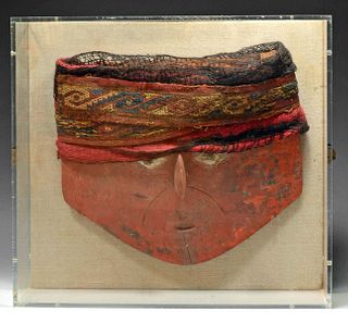 Fine Chancay Wood Mummy Mask w/ Vibrant Wool Turbante