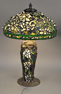 Tiffany style leaded table lamp with leaded glass base, ht. 35 in.; dia. 22 in.