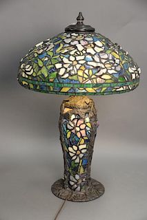 Tiffany style leaded table lamp with leaded glass base, ht. 35 in.; dia. 22 in.