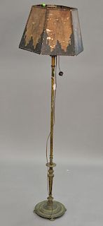 Bronze floor lamp with mica shade having cityscape of building on shade. ht. 62 in.