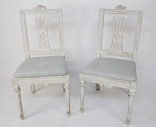 Pair of Swedish Gustavian Carved and Lime Washed Side Chairs, 19th Century