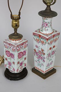 Two Antique Chinese Porcelain Famille Rose Vase Lamps