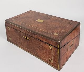 English Gentleman's Brass Inlaid Burlwood Traveling Desk Box, 19th Century