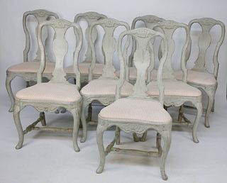 Eight Antique Swedish Gustavian Lime Washed Queen Anne Style Dining Chairs
