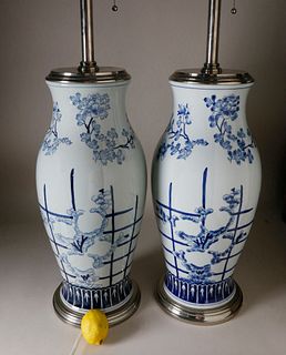Pair of Ralph Lauren Chinese Blue and White Vase Lamps