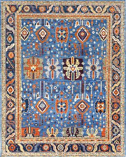 Fine Hand Knotted Blue Peshawar Carpet in a Heriz Design