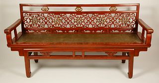 Chinese Red Lacquer and Rattan Seat Parlor Settee, circa 1900