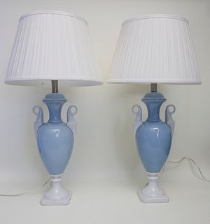 Pair of Blue and White Porcelain Urn Vase Form Lamps