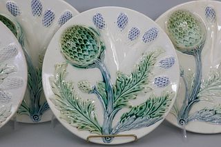 Set of Six Majolica Artichoke and Asparagus Plates, 19th Century