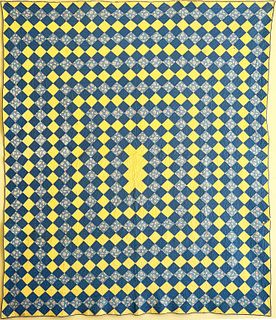Yellow and Blue "Trip Around the World" Patchwork Quilt, circa 1930s