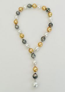 Fine Multi-color South Sea Pearl Lariat Necklace, 14k Gold